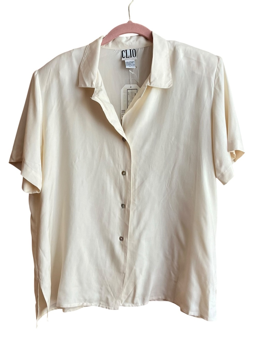 Vintage Clio Ivory Button-Front Silk Shirt Boxy Short Sleeves Deadstock 80s 90s